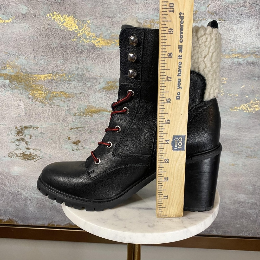 Nine West Boots Womens Size 9.5 Black Faux Leather Fur Lined Combat Heel Ankle - Picture 6 of 10